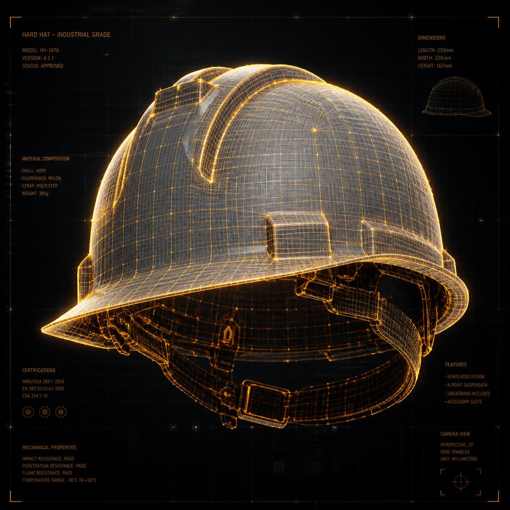 Holographic CAD wireframe of an industrial hard hat used for site-specific WHS documentation
